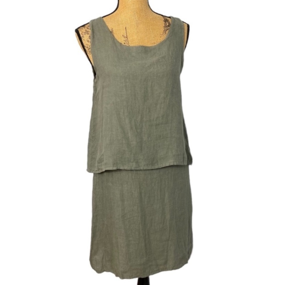 Lungo L’arno Italy Made Pop Over 2 in 1 Olive Green Sleeveless Linen Dress XS. - Picture 4 of 11